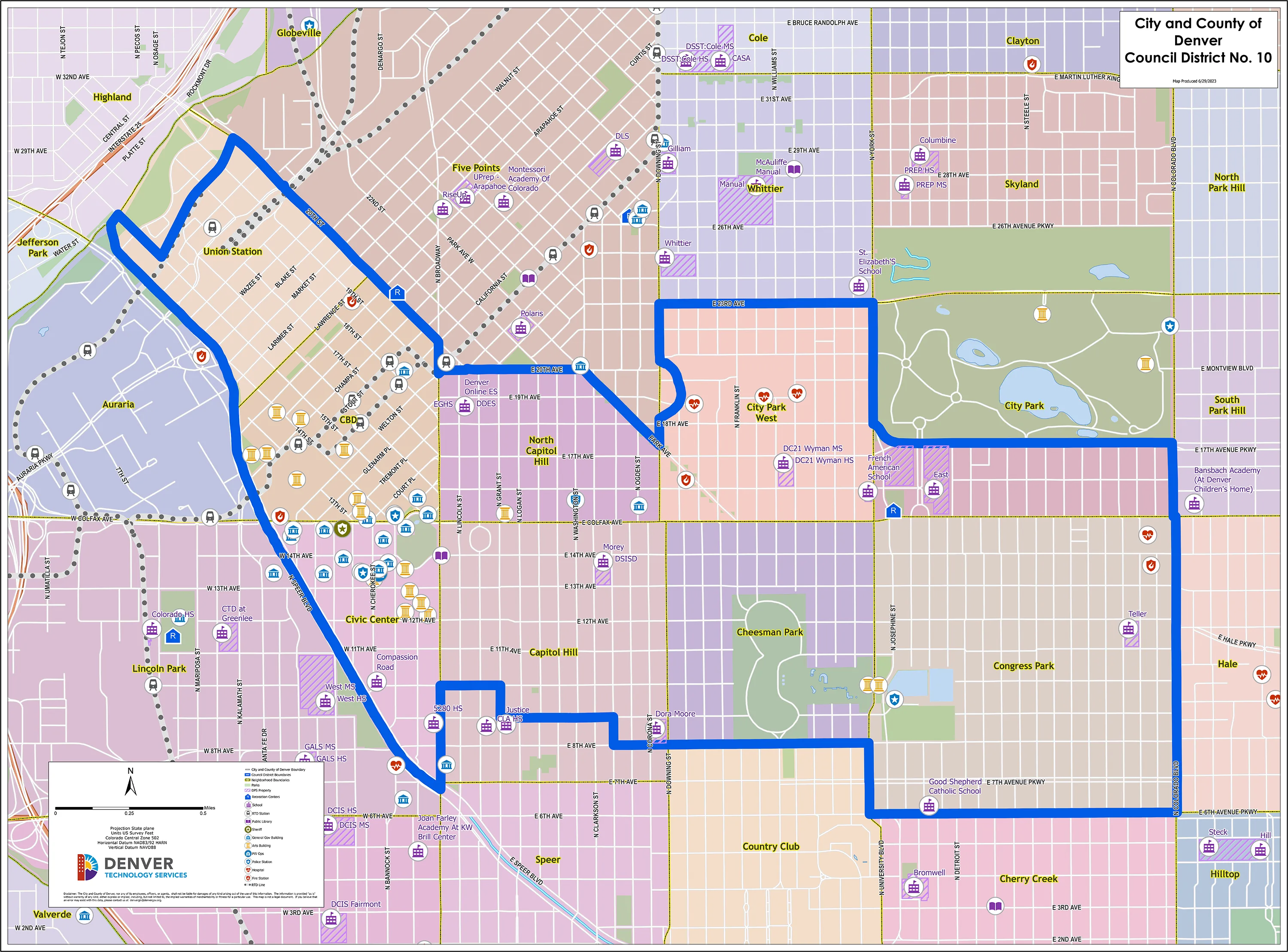 Map showing Denver City Council District 10 boundaries