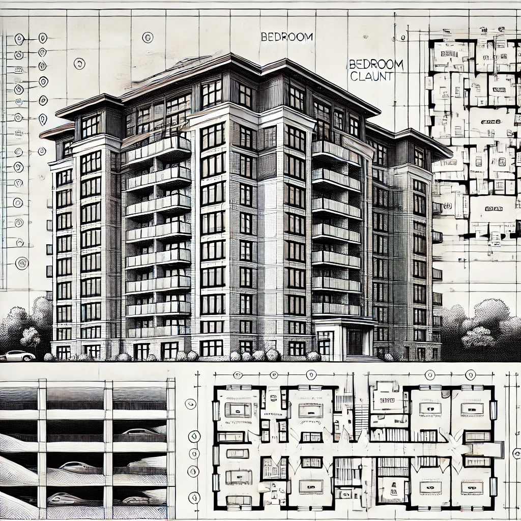 A black-and-white architectural blueprint-style illustration of a modern apartment building, similar to classic design diagrams.